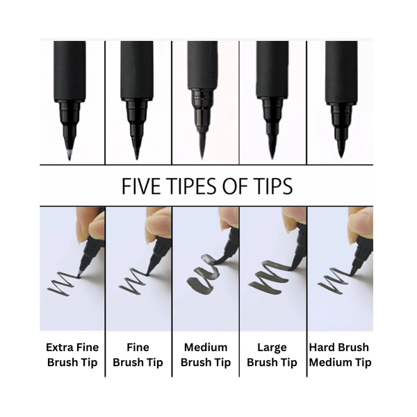 Kuretake Bimoji Brush Pen Value Set Of 5 - Extra Fine, Fine, Medium, Broad, Medium Brush, For Calligraphy & Lettering